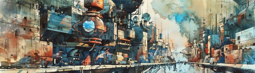 Illustrate a dystopian society in a watercolor painting, featuring a post-apocalyptic setting with surrealism and cubism influences,