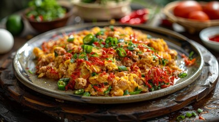 A plate of red ant egg omelette, a popular Thai street food dish known for its unique taste and nutritional value. - obrazy, fototapety, plakaty