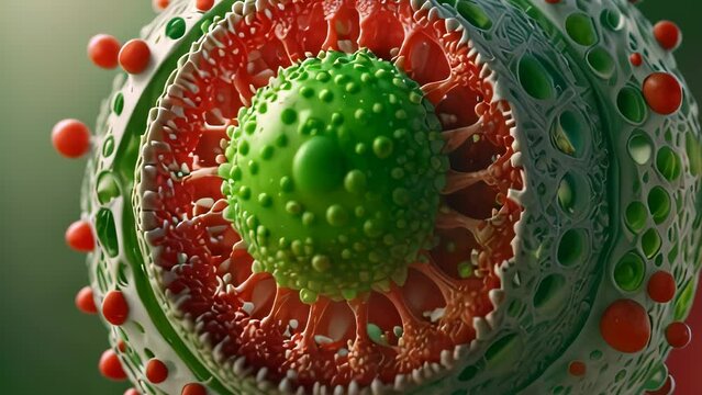 Video animation of digital or artistic representation of a viral particle. It features a large spherical structure with green spike proteins prominently displayed