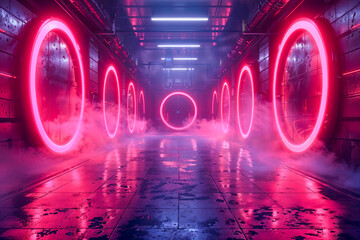 Neon Rings in Futuristic Corridor with Mist - obrazy, fototapety, plakaty