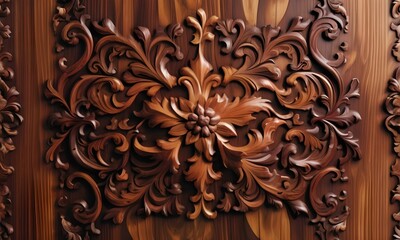 Carving on marquetry, old mahogany wood with patina - obrazy, fototapety, plakaty