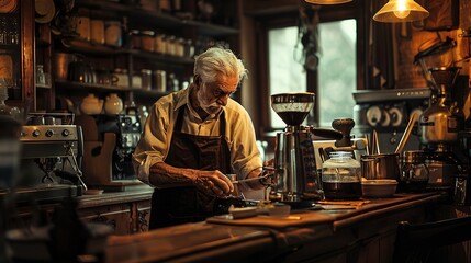 old italian barista During World War II, coffee was being made, on old house background