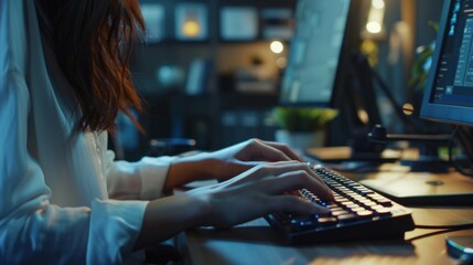 Close-up of a businesswoman typing on a computer keyboard in a modern office, focused and productive in her work environment.