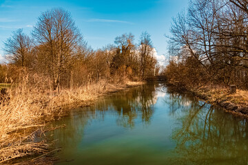 Fototapeta na wymiar Spring view with reflections near Grieshaus, Moos, Deggendorf, Bavaria, Germany