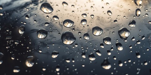 Water droplets fall on the transparent surface of the water in sunlight view. Background decorative pattern abstract