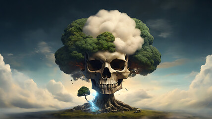 A skull with a tree growing out of it and a mushroom cloud above it.

