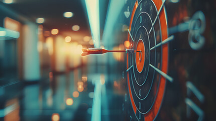 A target with darts hitting the bullseye, overlaying a corporate office setting, symbolizing strategic goals, business strategy, dynamic and dramatic compositions, with copy space