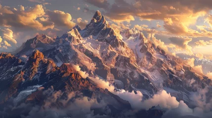 Foto op Plexiglas Majestic mountain peaks bathed in golden sunlight, showcasing their breathtaking beauty and towering grandeur against the sky. © chanidapa