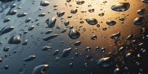 Water droplets fall on the transparent surface of the water in sunlight view. Background decorative pattern abstract