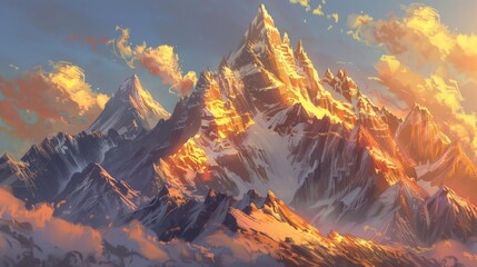 Majestic mountain peaks bathed in golden sunlight, showcasing their breathtaking beauty and towering grandeur against the sky. - obrazy, fototapety, plakaty