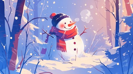 An adorable illustration depicting a jolly snowman in a whimsical and comical winter setting tailor made to captivate young hearts and minds - obrazy, fototapety, plakaty