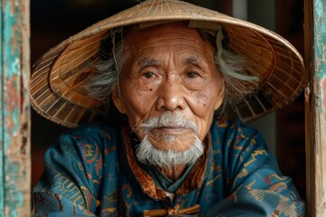 Thoughtful elderly Asian man with white beard wearing a traditional conical hat, with expressive eyes - obrazy, fototapety, plakaty