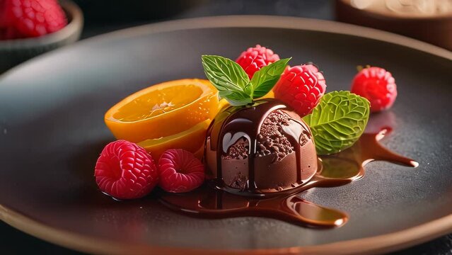 Video animation of gourmet dessert featuring a chocolate piece drizzled with syrup, surrounded by fresh raspberries, a slice of orange, and mint leaves