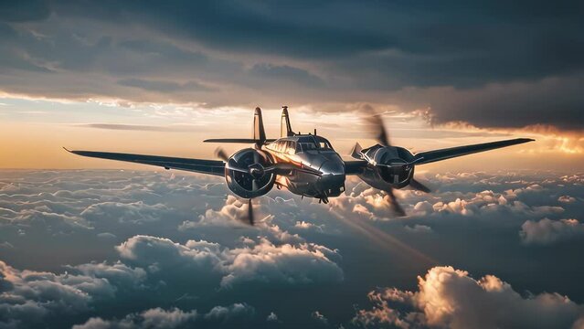 Video animation of twin engine propeller aircraft mid-flight, silhouetted against a dramatic sky that suggests it’s either dawn or dusk. The side angle view prominently displays both engines and the c