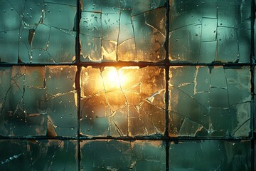 Golden beams of sunrise filter gracefully through a mosaic of cracked glass tiles