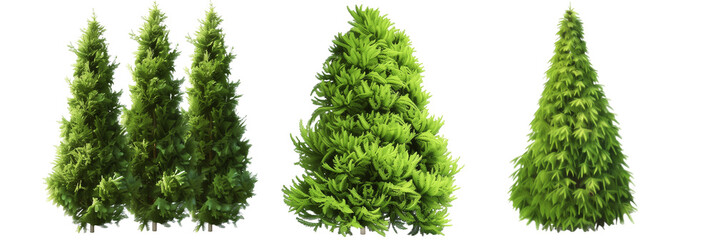 set of arborvitae trees, conical and lush, isolated on transparent background