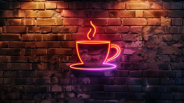 Coffee cup sign neon on brick wall background