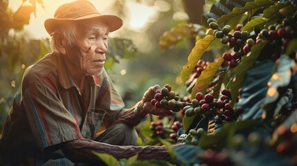 Old man picking coffee beans - Powered by Adobe