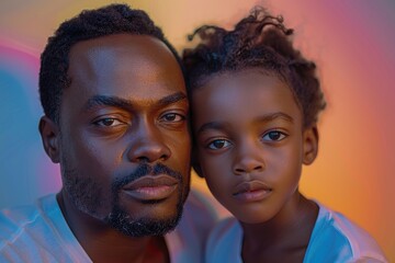 A father and his young daughter pose for a tightly cropped, intimate portrait with warm colors - obrazy, fototapety, plakaty
