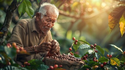 Old man picking coffee beans
