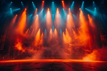 An enigmatic stage set, bathed in cool fog and warm light beams that pierce through, suggesting an...