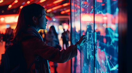 Attendees exploring interactive touchscreens at a tech-themed booth, Business conference, blurred background, with copy space