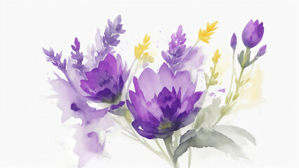 abstract watercolor lavender and other colorful followers on white background