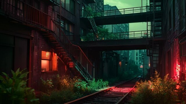 Video animation of moody and atmospheric urban alley at night, bathed in the glow of neon lights. Overgrown vegetation suggests a sense of neglect