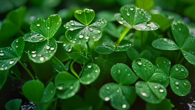 Video animation of  leaves are covered in water droplets, suggesting morning dew. green clover leaves.