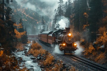 A classic steam locomotive powers through a misty, dense autumnal forest alongside a flowing river, evoking a sense of nostalgia and adventure - obrazy, fototapety, plakaty