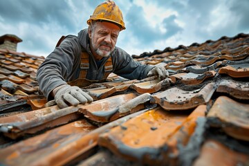 A focused construction worker replaces damaged roof tiles with skill and experience - obrazy, fototapety, plakaty