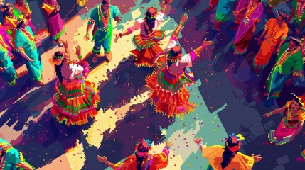 Capture the vibrant colors and intricate details of a traditional dance at a cultural festival through a pixel art illustration with an unexpected overhead camera angle perspective,