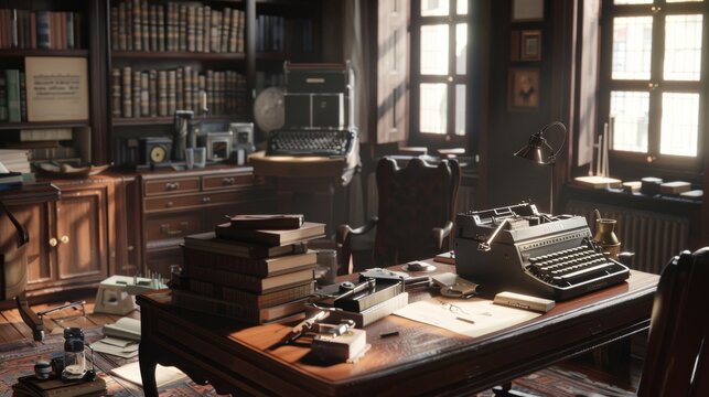 Craft a 3D photorealistic scene of Alan Turings groundbreaking work on AI at an unexpected birds eye view perspective, merging history with innovation,