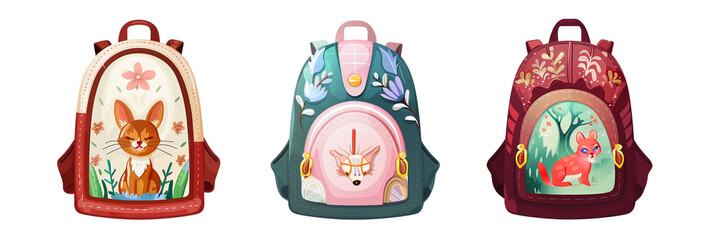 set of different backpacks adorned with fairy tale illustrations, suitable for story lovers, isolated on transparent background