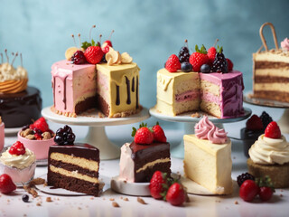 Cheesecake assortment on the table - strawberry, blueberry, chocolate
 - obrazy, fototapety, plakaty