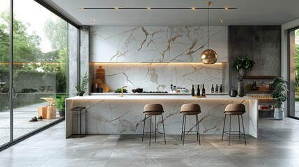 A kitchen with a marble countertop and a marble backsplash. The countertop is white and the backsplash is white with a few brown accents. There are two chairs and a bar with a few bottles on it