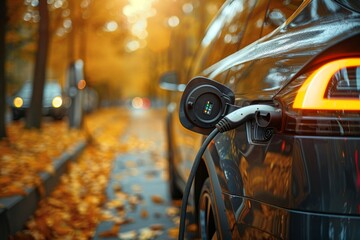 An electric car charging cord attached, with vibrant fall colors and blurred urban background - obrazy, fototapety, plakaty