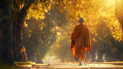 Back view of a monk walking in the forest to receive food in the morning in Thailand	

