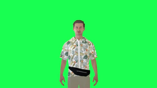 3d Hawaiian tourist man talking isolated front angle chroma key  render people chroma key animation person crowd walking and talking