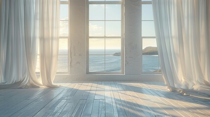 A large window with a view of the ocean and a white curtain. The room is empty and the curtains are open, letting in the sunlight. Scene is calm and peaceful, with the ocean as a backdrop
