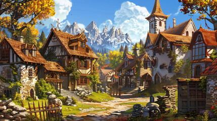 Obraz premium An illustration of the small medieval fantasy village.