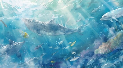 Craft a serene watercolor illustration of a tranquil ocean scene teeming with diverse marine life, promoting the importance of ocean conservation Utilize gentle brush strokes and soft pastel hues to e