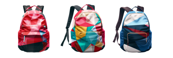 set of different backpacks adorned with abstract geometric patterns, perfect for art students, isolated on transparent background