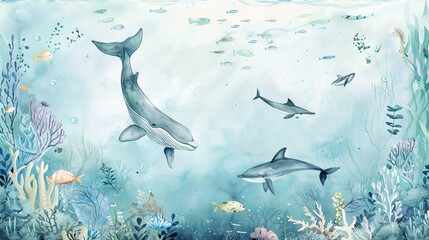 Craft a serene watercolor illustration of a tranquil ocean scene teeming with diverse marine life, promoting the importance of ocean conservation Utilize gentle brush strokes and soft pastel hues to e