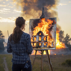 A female artist paints a picture of a burning house from life in twilight - obrazy, fototapety, plakaty
