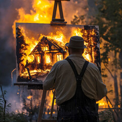 An artist paints a picture of a burning house from life - obrazy, fototapety, plakaty