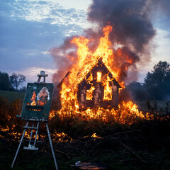 A lonely burning house at sunset - obrazy, fototapety, plakaty