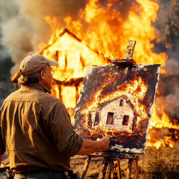 An artist paints a picture of a burning house from life