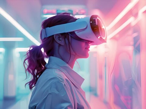 A woman wearing a VR headset in a futuristic setting