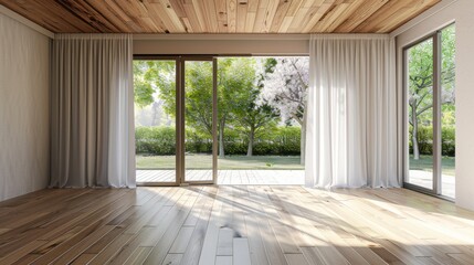 A large open room with white curtains and wooden floors. The room is empty and has a clean, minimalist look